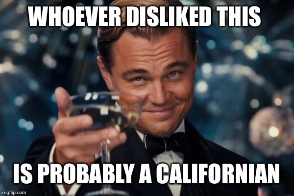 Leonardo Dicaprio Cheers Meme | WHOEVER DISLIKED THIS IS PROBABLY A CALIFORNIAN | image tagged in memes,leonardo dicaprio cheers | made w/ Imgflip meme maker