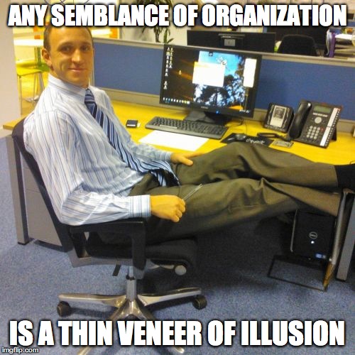 Relaxed Office Guy Meme | ANY SEMBLANCE OF ORGANIZATION IS A THIN VENEER OF ILLUSION | image tagged in memes,relaxed office guy | made w/ Imgflip meme maker