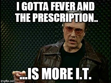 Walken Cowbell | I GOTTA FEVER AND THE PRESCRIPTION.. ...IS MORE I.T. | image tagged in walken cowbell | made w/ Imgflip meme maker