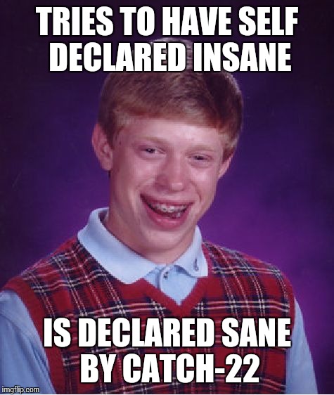 Bad Luck Brian | TRIES TO HAVE SELF DECLARED INSANE IS DECLARED SANE BY CATCH-22 | image tagged in memes,bad luck brian | made w/ Imgflip meme maker