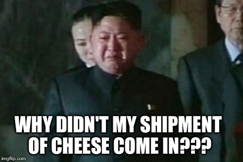 Kim Jong Un Sad | WHY DIDN'T MY SHIPMENT OF CHEESE COME IN??? | image tagged in memes,kim jong un sad | made w/ Imgflip meme maker