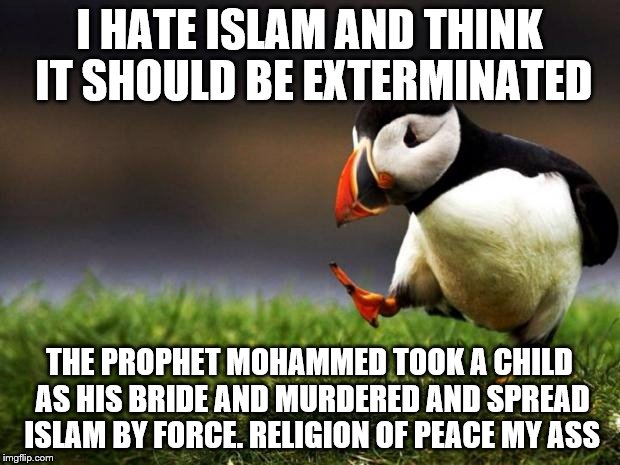 Unpopular Opinion Puffin Meme | I HATE ISLAM AND THINK IT SHOULD BE EXTERMINATED THE PROPHET MOHAMMED TOOK A CHILD AS HIS BRIDE AND MURDERED AND SPREAD ISLAM BY FORCE. RELI | image tagged in memes,unpopular opinion puffin | made w/ Imgflip meme maker