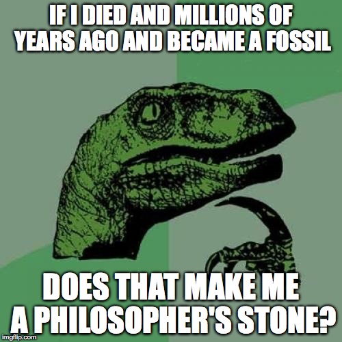 Philosoraptor | IF I DIED AND MILLIONS OF YEARS AGO AND BECAME A FOSSIL DOES THAT MAKE ME A PHILOSOPHER'S STONE? | image tagged in memes,philosoraptor | made w/ Imgflip meme maker