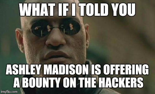 Matrix Morpheus | WHAT IF I TOLD YOU ASHLEY MADISON IS OFFERING A BOUNTY ON THE HACKERS | image tagged in memes,matrix morpheus | made w/ Imgflip meme maker