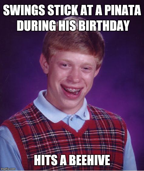 Bad Luck Brian Meme | SWINGS STICK AT A PINATA DURING HIS BIRTHDAY HITS A BEEHIVE | image tagged in memes,bad luck brian | made w/ Imgflip meme maker
