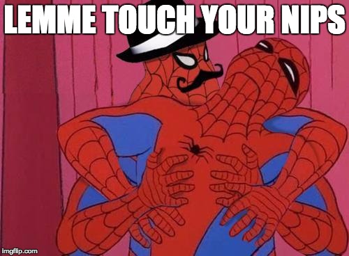 Spiderman  | LEMME TOUCH YOUR NIPS | image tagged in spiderman  | made w/ Imgflip meme maker