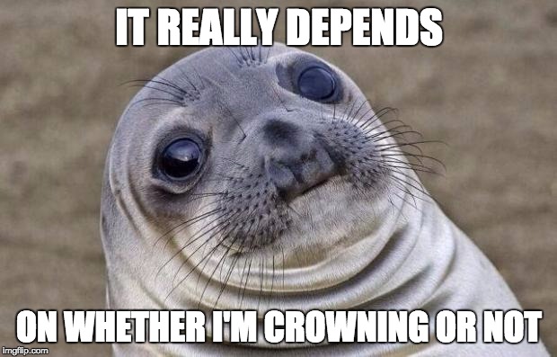 Awkward Moment Sealion Meme | IT REALLY DEPENDS ON WHETHER I'M CROWNING OR NOT | image tagged in memes,awkward moment sealion | made w/ Imgflip meme maker