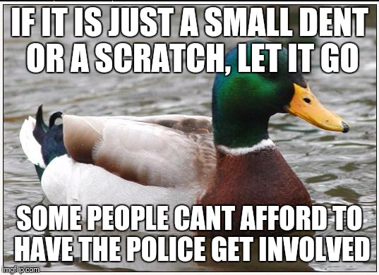 Actual Advice Mallard Meme | IF IT IS JUST A SMALL DENT OR A SCRATCH, LET IT GO SOME PEOPLE CANT AFFORD TO HAVE THE POLICE GET INVOLVED | image tagged in memes,actual advice mallard | made w/ Imgflip meme maker