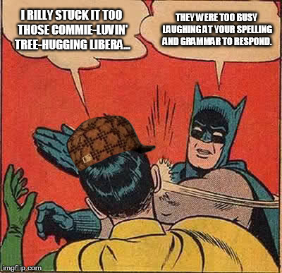 Batman Slapping Robin Meme | I RILLY STUCK IT TOO THOSE COMMIE-LUVIN' TREE-HUGGING LIBERA... THEY WERE TOO BUSY LAUGHING AT YOUR SPELLING AND GRAMMAR TO RESPOND. | image tagged in memes,batman slapping robin,scumbag | made w/ Imgflip meme maker