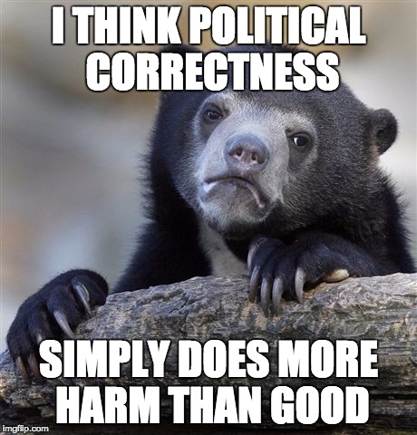 Confession Bear | I THINK POLITICAL CORRECTNESS SIMPLY DOES MORE HARM THAN GOOD | image tagged in memes,confession bear | made w/ Imgflip meme maker
