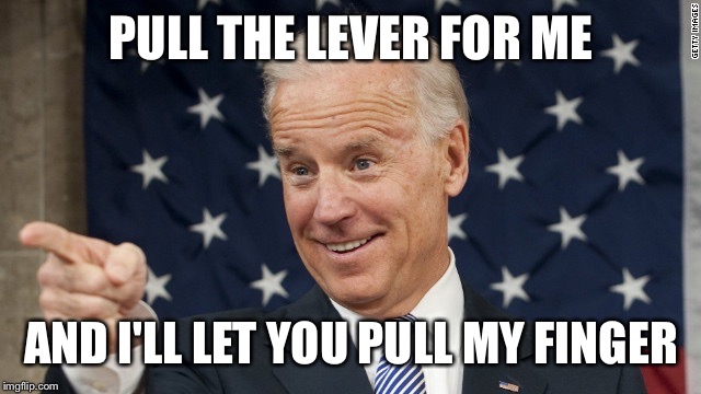 PULL THE LEVER FOR ME AND I'LL LET YOU PULL MY FINGER | image tagged in biden 2016 | made w/ Imgflip meme maker