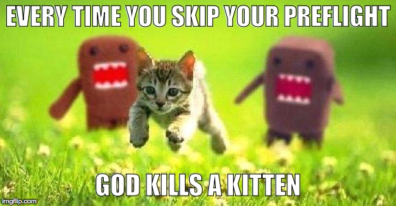 Kittens Running from Domo | EVERY TIME YOU SKIP YOUR PREFLIGHT GOD KILLS A KITTEN | image tagged in kittens running from domo | made w/ Imgflip meme maker