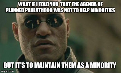 "Colored people are like human weeds and are to be exterminated." So said Margaret Sanger, founder of Planned Parenthood. 
 | WHAT IF I TOLD YOU  THAT THE AGENDA OF PLANNED PARENTHOOD WAS NOT TO HELP MINORITIES BUT IT'S TO MAINTAIN THEM AS A MINORITY | image tagged in memes,matrix morpheus | made w/ Imgflip meme maker