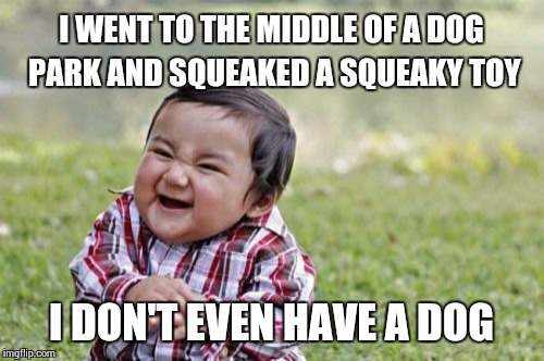 Evil Toddler Meme | I WENT TO THE MIDDLE OF A DOG PARK AND SQUEAKED A SQUEAKY TOY I DON'T EVEN HAVE A DOG | image tagged in memes,evil toddler | made w/ Imgflip meme maker