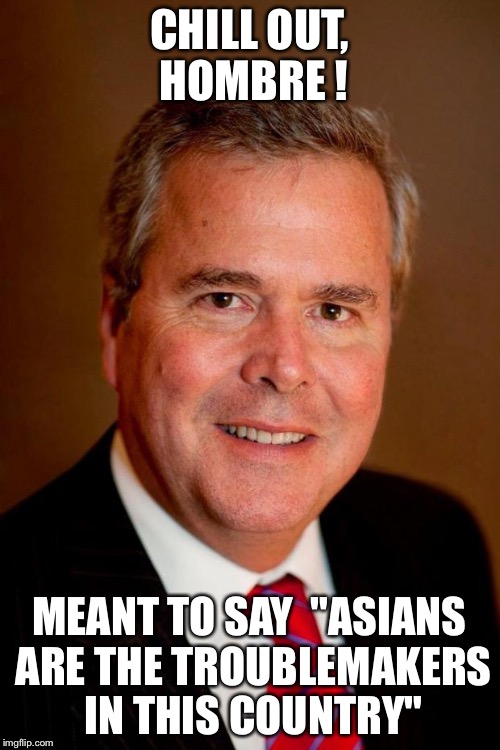 Jeb Bush | CHILL OUT, HOMBRE ! MEANT TO SAY 
"ASIANS ARE THE TROUBLEMAKERS IN THIS COUNTRY" | image tagged in jeb bush | made w/ Imgflip meme maker