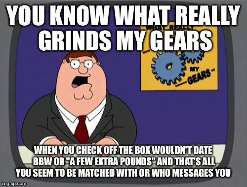 Peter Griffin News Meme | YOU KNOW WHAT REALLY GRINDS MY GEARS WHEN YOU CHECK OFF THE BOX WOULDN'T DATE BBW OR "A FEW EXTRA POUNDS" AND THAT'S ALL YOU SEEM TO BE MATC | image tagged in memes,peter griffin news | made w/ Imgflip meme maker