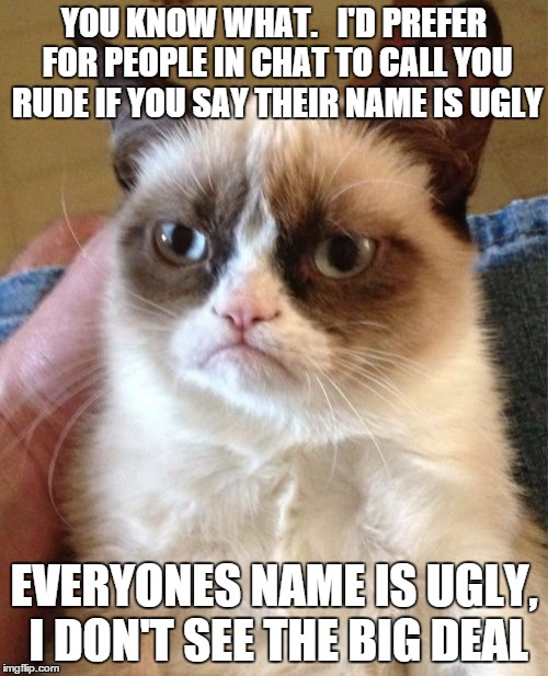 Grumpy Cat Meme | YOU KNOW WHAT.


I'D PREFER FOR PEOPLE IN CHAT TO CALL YOU RUDE IF YOU SAY THEIR NAME IS UGLY EVERYONES NAME IS UGLY, I DON'T SEE THE BIG DE | image tagged in memes,grumpy cat | made w/ Imgflip meme maker