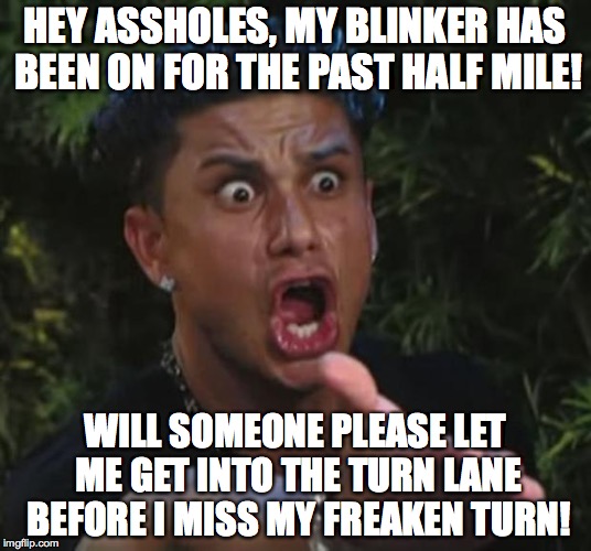 Turn Lane Trouble | HEY ASSHOLES, MY BLINKER HAS BEEN ON FOR THE PAST HALF MILE! WILL SOMEONE PLEASE LET ME GET INTO THE TURN LANE BEFORE I MISS MY FREAKEN TURN | image tagged in memes,dj pauly d | made w/ Imgflip meme maker