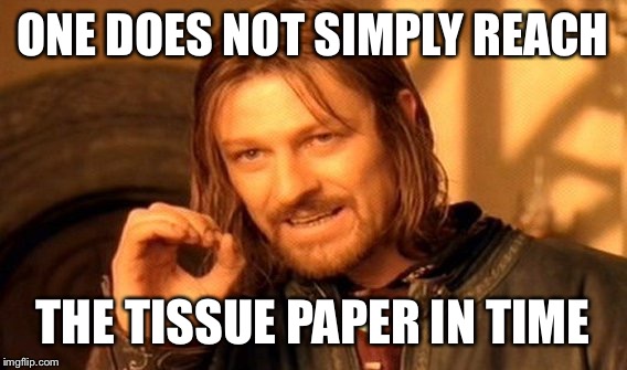 One Does Not Simply | ONE DOES NOT SIMPLY REACH THE TISSUE PAPER IN TIME | image tagged in memes,one does not simply | made w/ Imgflip meme maker