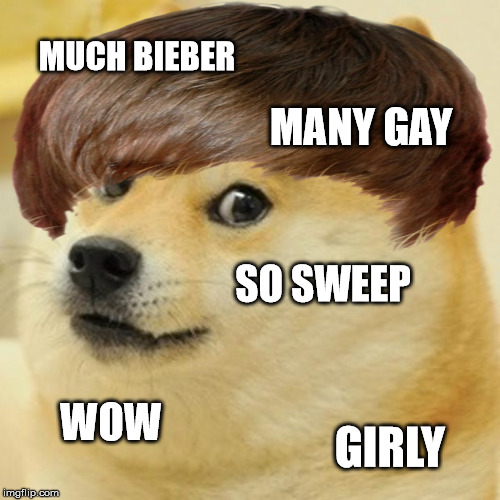 dogelieber | MUCH BIEBER MANY GAY SO SWEEP WOW GIRLY | image tagged in doge,bieber | made w/ Imgflip meme maker