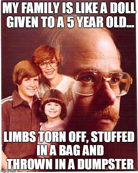 vengeance dad | MY FAMILY IS LIKE A DOLL GIVEN TO A 5 YEAR OLD... LIMBS TORN OFF, STUFFED IN A BAG AND THROWN IN A DUMPSTER | image tagged in vengeance dad | made w/ Imgflip meme maker