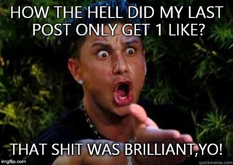 Pauly D | HOW THE HELL DID MY LAST POST ONLY GET 1 LIKE? THAT SHIT WAS BRILLIANT,YO! | image tagged in pauly d | made w/ Imgflip meme maker
