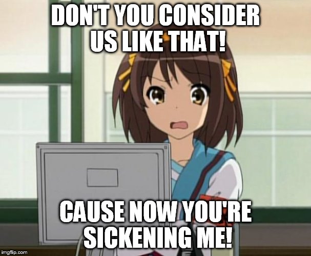 Haruhi Internet disturbed | DON'T YOU CONSIDER US LIKE THAT! CAUSE NOW YOU'RE SICKENING ME! | image tagged in haruhi internet disturbed | made w/ Imgflip meme maker