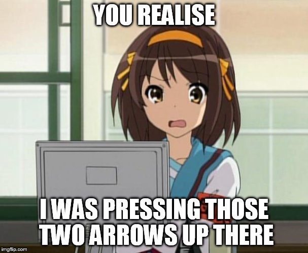 Haruhi Internet disturbed | YOU REALISE I WAS PRESSING THOSE TWO ARROWS UP THERE | image tagged in haruhi internet disturbed | made w/ Imgflip meme maker