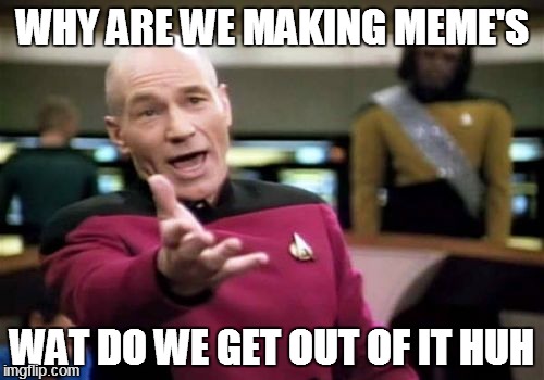 Picard Wtf | WHY ARE WE MAKING MEME'S WAT DO WE GET OUT OF IT HUH | image tagged in memes,picard wtf | made w/ Imgflip meme maker