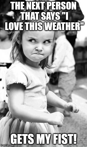 Angry Toddler Meme | THE NEXT PERSON THAT SAYS "I LOVE THIS WEATHER" GETS MY FIST! | image tagged in memes,angry toddler | made w/ Imgflip meme maker