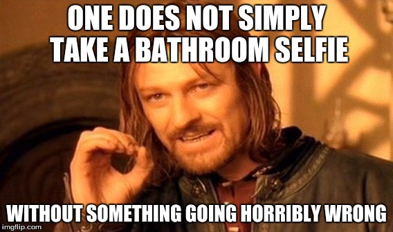One Does Not Simply Meme | ONE DOES NOT SIMPLY TAKE A BATHROOM SELFIE WITHOUT SOMETHING GOING HORRIBLY WRONG | image tagged in memes,one does not simply | made w/ Imgflip meme maker
