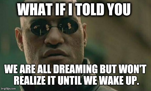 Matrix Morpheus | WHAT IF I TOLD YOU WE ARE ALL DREAMING BUT WON'T REALIZE IT UNTIL WE WAKE UP. | image tagged in memes,matrix morpheus | made w/ Imgflip meme maker