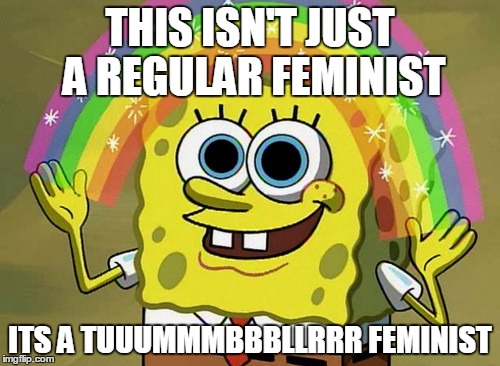 Imagination Spongebob Meme | THIS ISN'T JUST A REGULAR FEMINIST ITS A TUUUMMMBBBLLRRR FEMINIST | image tagged in memes,imagination spongebob | made w/ Imgflip meme maker
