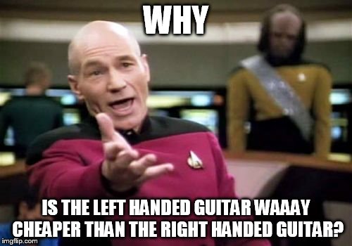 Picard Wtf | WHY IS THE LEFT HANDED GUITAR WAAAY CHEAPER THAN THE RIGHT HANDED GUITAR? | image tagged in memes,picard wtf | made w/ Imgflip meme maker
