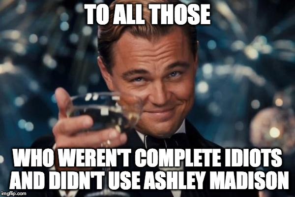 Leonardo Dicaprio Cheers Meme | TO ALL THOSE WHO WEREN'T COMPLETE IDIOTS AND DIDN'T USE ASHLEY MADISON | image tagged in memes,leonardo dicaprio cheers,ashley madison | made w/ Imgflip meme maker