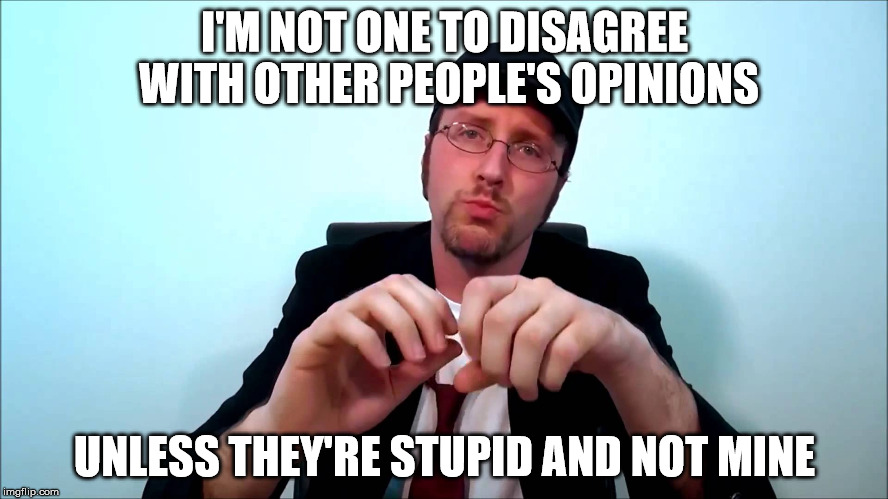 Opinions | I'M NOT ONE TO DISAGREE WITH OTHER PEOPLE'S OPINIONS UNLESS THEY'RE STUPID AND NOT MINE | image tagged in nostalgia critic | made w/ Imgflip meme maker