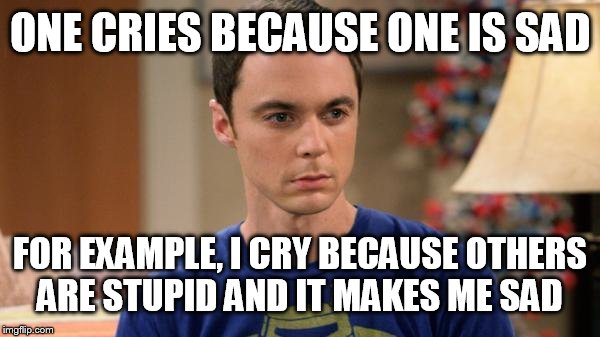 Sheldon Logic | ONE CRIES BECAUSE ONE IS SAD FOR EXAMPLE, I CRY BECAUSE OTHERS ARE STUPID AND IT MAKES ME SAD | image tagged in sheldon logic | made w/ Imgflip meme maker