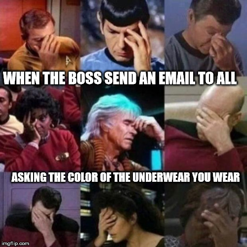 star trek face palm | WHEN THE BOSS SEND AN EMAIL TO ALL ASKING THE COLOR OF THE UNDERWEAR YOU WEAR | image tagged in star trek face palm | made w/ Imgflip meme maker