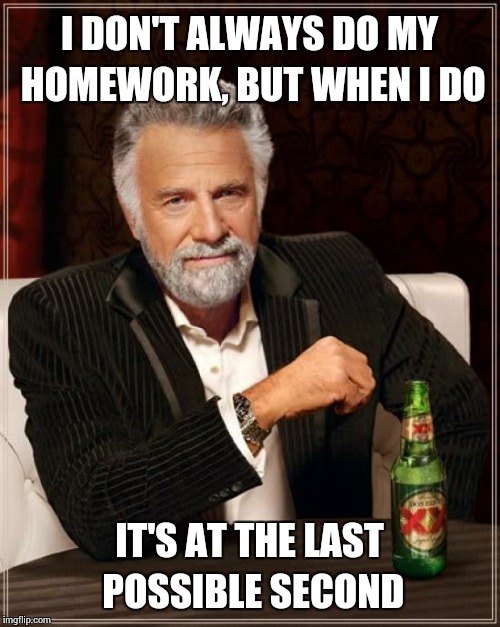 The Most Interesting Man In The World Meme | I DON'T ALWAYS DO MY HOMEWORK, BUT WHEN I DO IT'S AT THE LAST POSSIBLE SECOND | image tagged in memes,the most interesting man in the world | made w/ Imgflip meme maker