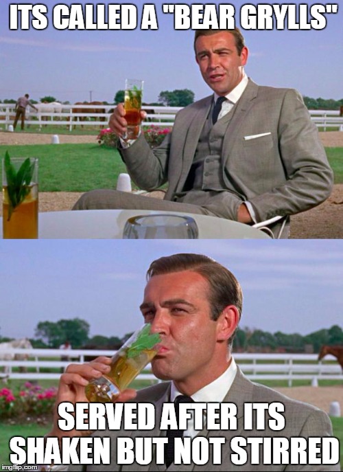 Sean Connery trying a new tipple | ITS CALLED A "BEAR GRYLLS" SERVED AFTER ITS SHAKEN BUT NOT STIRRED | image tagged in memes,funny | made w/ Imgflip meme maker