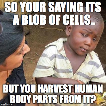 Third World Skeptical Kid Meme | SO YOUR SAYING ITS A BLOB OF CELLS.. BUT YOU HARVEST HUMAN BODY PARTS FROM IT? | image tagged in memes,third world skeptical kid | made w/ Imgflip meme maker