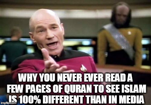 Picard Wtf | WHY YOU NEVER EVER READ A FEW PAGES OF QURAN TO SEE ISLAM IS 100% DIFFERENT THAN IN MEDIA | image tagged in memes,picard wtf | made w/ Imgflip meme maker