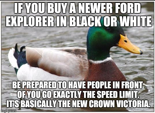 Actual Advice Mallard | IF YOU BUY A NEWER FORD EXPLORER IN BLACK OR WHITE BE PREPARED TO HAVE PEOPLE IN FRONT OF YOU GO EXACTLY THE SPEED LIMIT. IT'S BASICALLY THE | image tagged in memes,actual advice mallard,AdviceAnimals | made w/ Imgflip meme maker