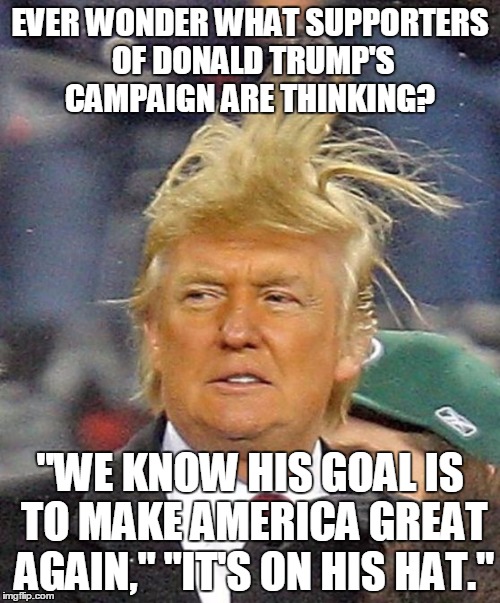 Donald Trumph hair | EVER WONDER WHAT SUPPORTERS OF DONALD TRUMP'S CAMPAIGN ARE THINKING? "WE KNOW HIS GOAL IS TO MAKE AMERICA GREAT AGAIN," "IT'S ON HIS HAT." | image tagged in donald trumph hair | made w/ Imgflip meme maker