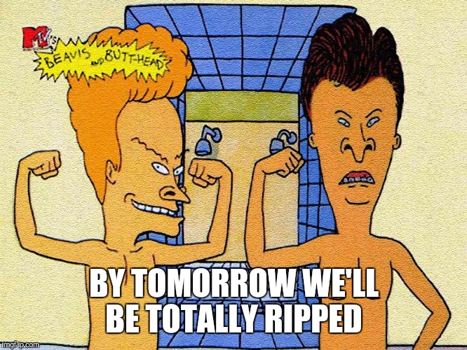 BY TOMORROW WE'LL BE TOTALLY RIPPED | image tagged in beavis and butthead gym | made w/ Imgflip meme maker