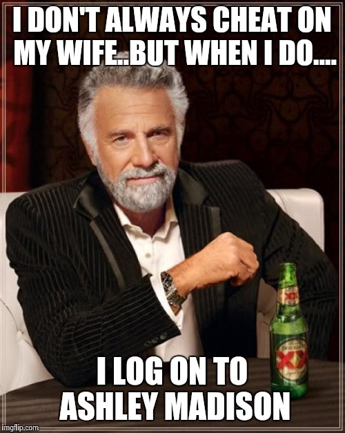The Most Interesting Man In The World | I DON'T ALWAYS CHEAT ON MY WIFE..BUT WHEN I DO.... I LOG ON TO ASHLEY MADISON | image tagged in memes,the most interesting man in the world | made w/ Imgflip meme maker