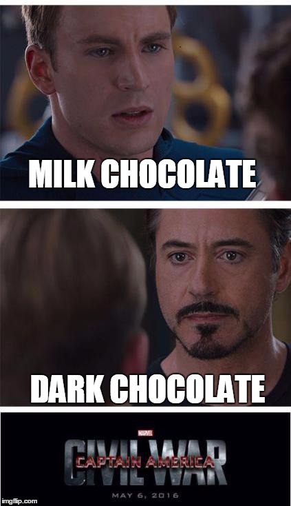 Marvel Civil War 1 Meme | MILK CHOCOLATE DARK CHOCOLATE | image tagged in marvel civil war | made w/ Imgflip meme maker