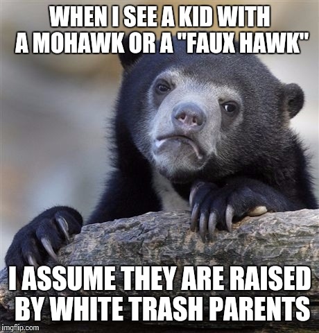 Confession Bear Meme | WHEN I SEE A KID WITH A MOHAWK OR A "FAUX HAWK" I ASSUME THEY ARE RAISED BY WHITE TRASH PARENTS | image tagged in memes,confession bear | made w/ Imgflip meme maker