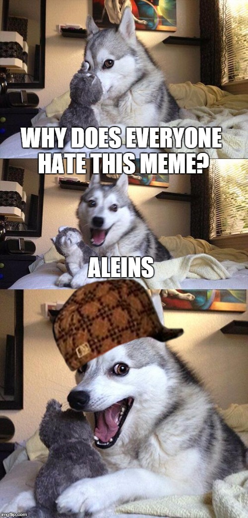 Bad Pun Dog | WHY DOES EVERYONE HATE THIS MEME? ALEINS | image tagged in memes,bad pun dog,scumbag | made w/ Imgflip meme maker