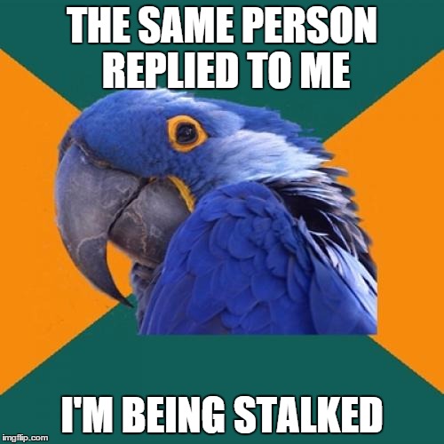 Paranoid Parrot | THE SAME PERSON REPLIED TO ME I'M BEING STALKED | image tagged in memes,paranoid parrot | made w/ Imgflip meme maker